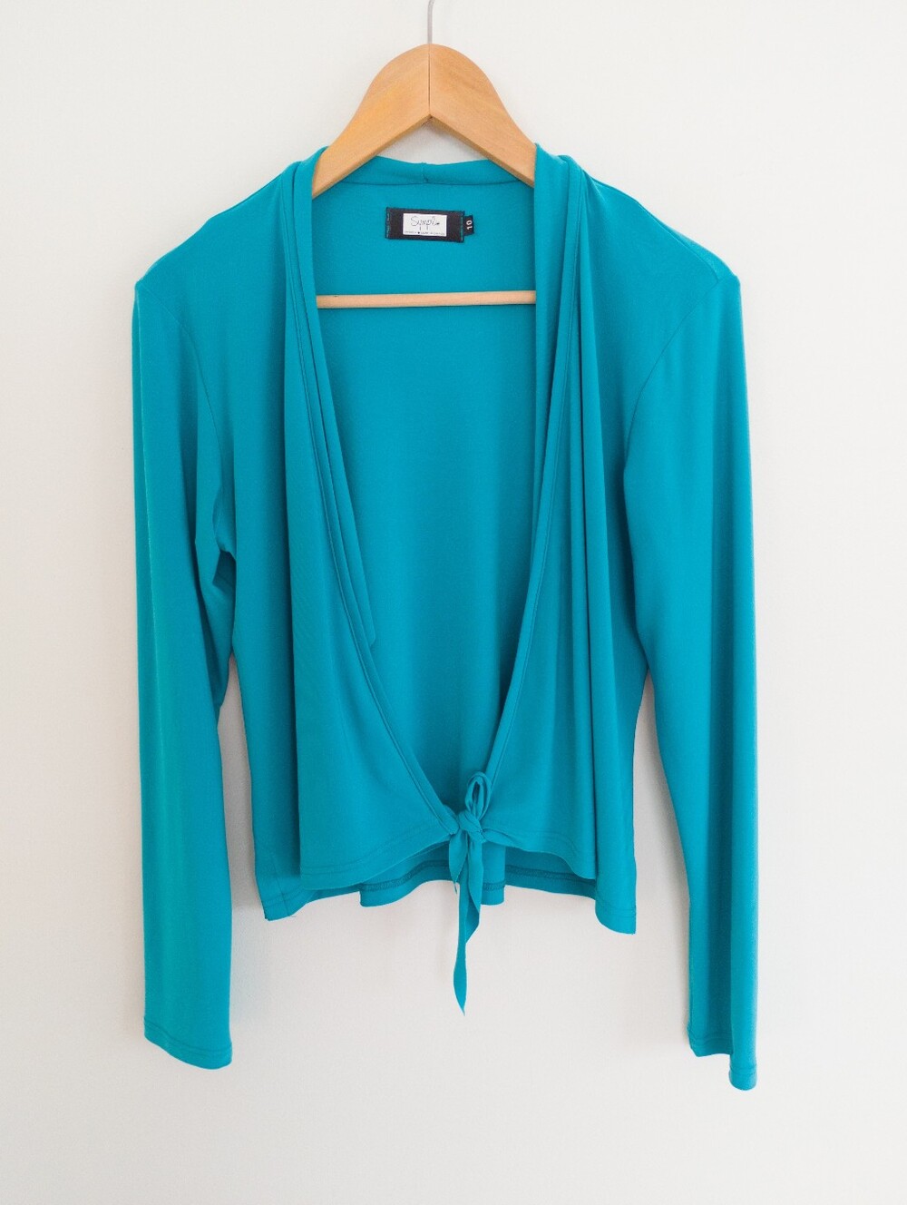 Sympli Teal Blue Tie Front Long Sleeve Jersey Wrap Top Size 10 Made in Canada